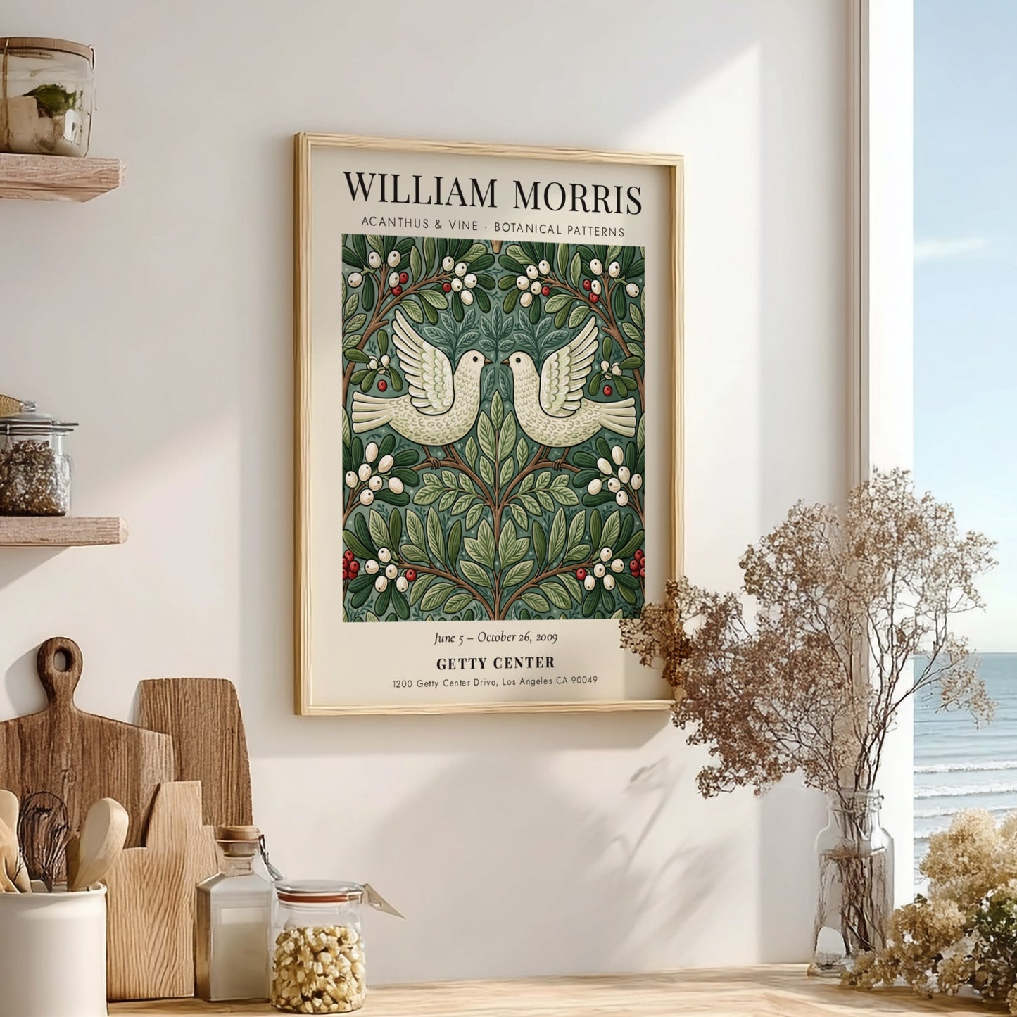 William Morris poster featuring Acanthus & Vine design with botanical patterns in green and white