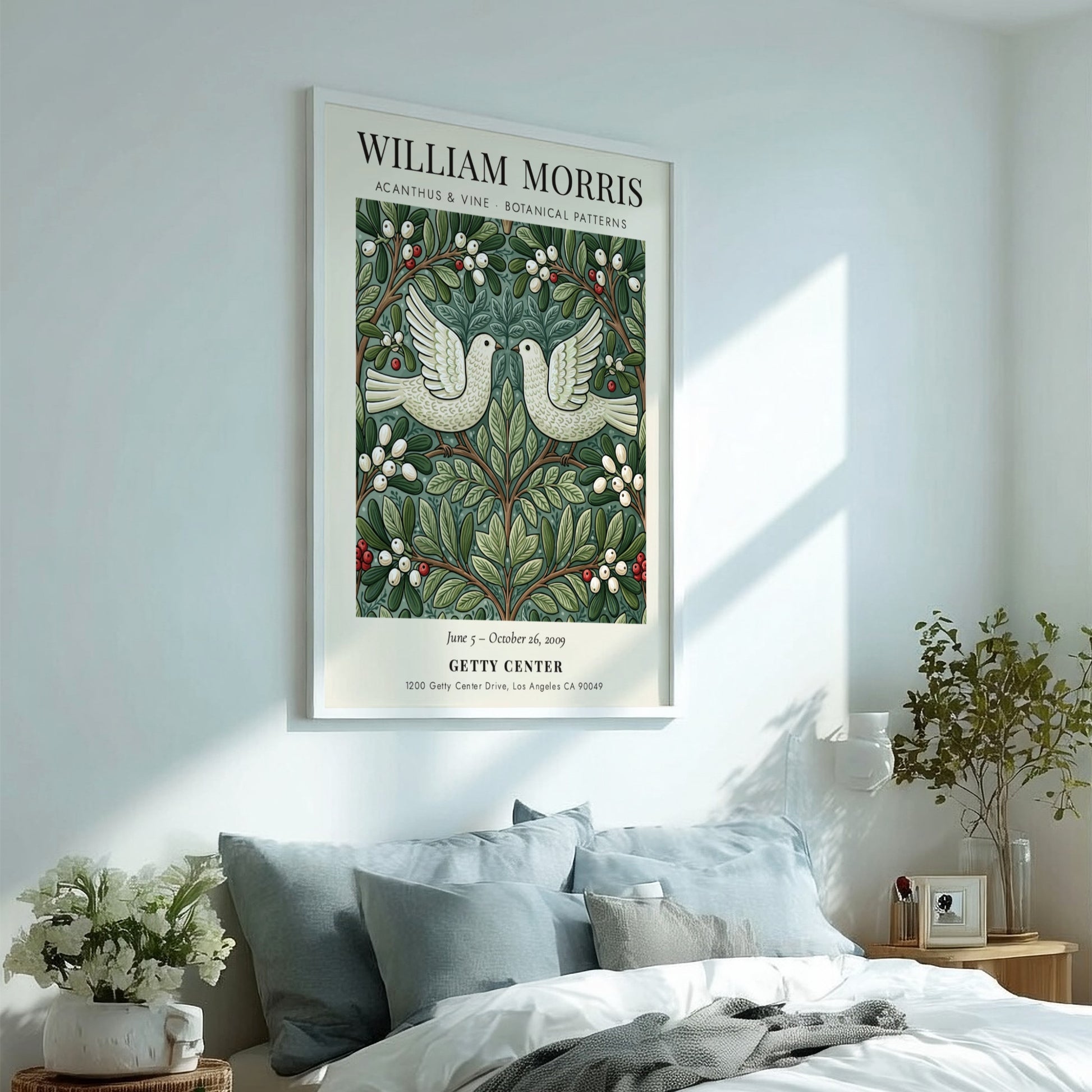 William Morris poster featuring Acanthus & Vine design with botanical patterns in green and white
