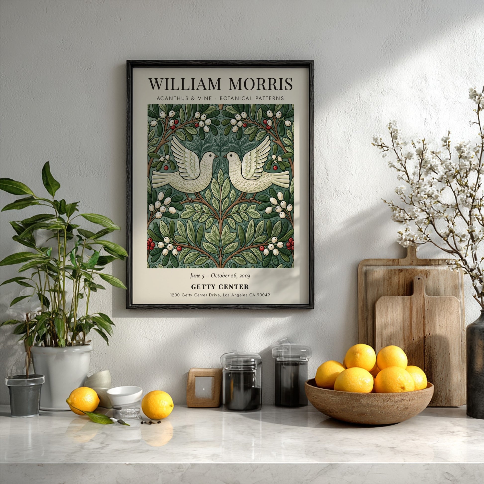 William Morris poster featuring Acanthus & Vine design with botanical patterns in green and white