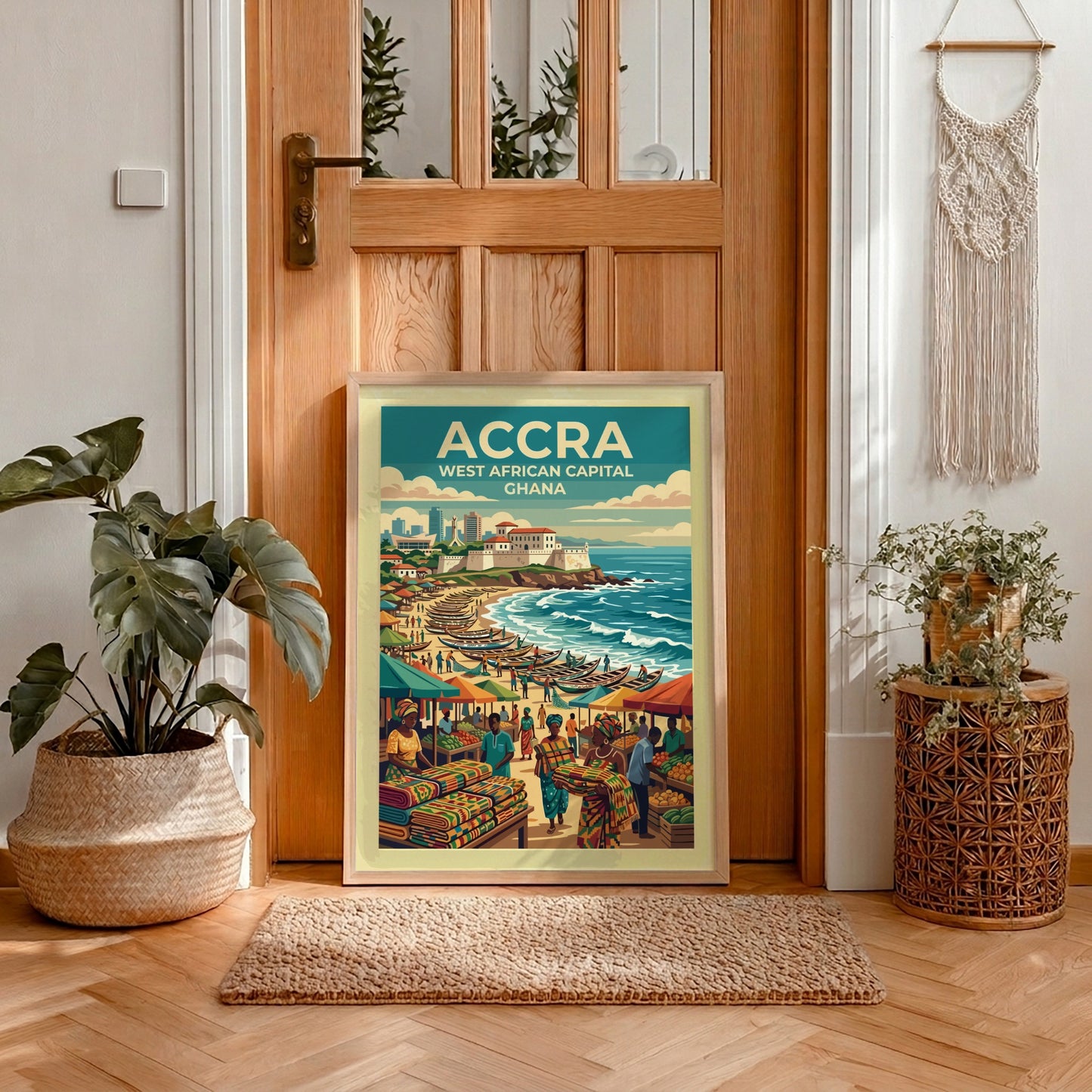 Travel poster of Accra Ghana featuring a coastal scene with fishing boats market stalls