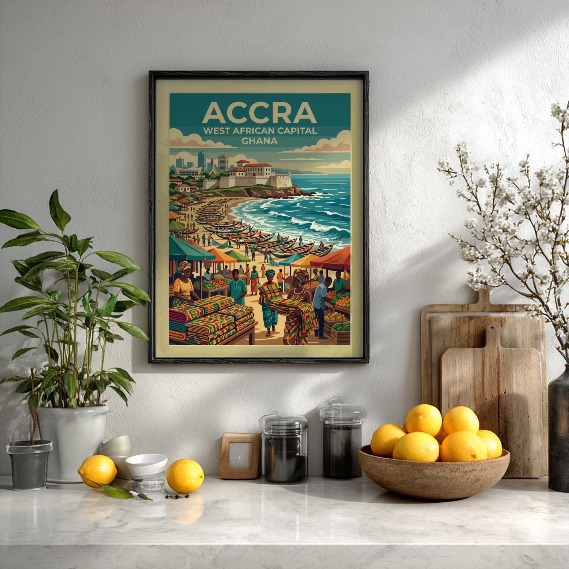 Travel poster of Accra Ghana featuring a coastal scene with fishing boats market stalls