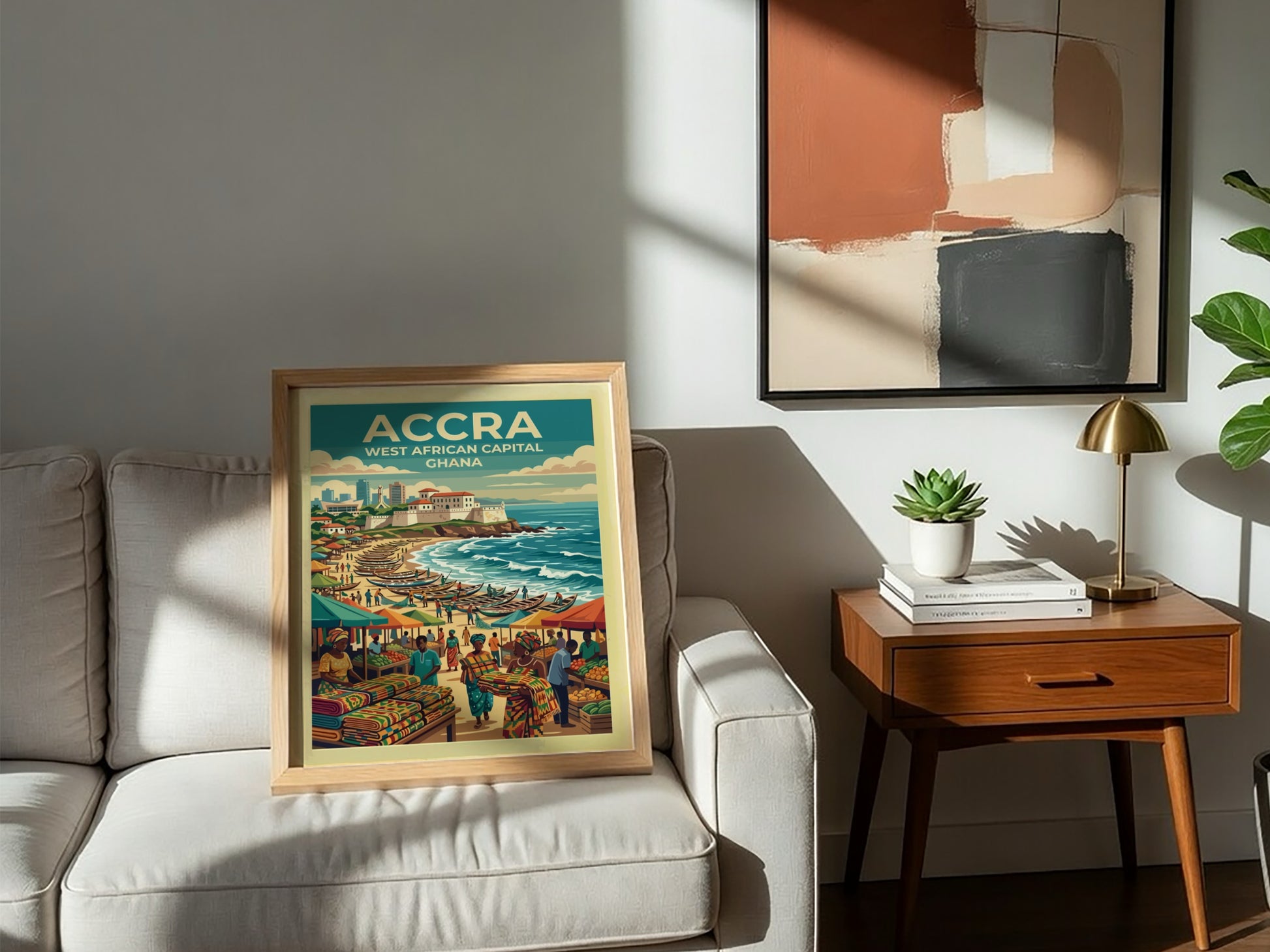 Travel poster of Accra Ghana featuring a coastal scene with fishing boats market stalls