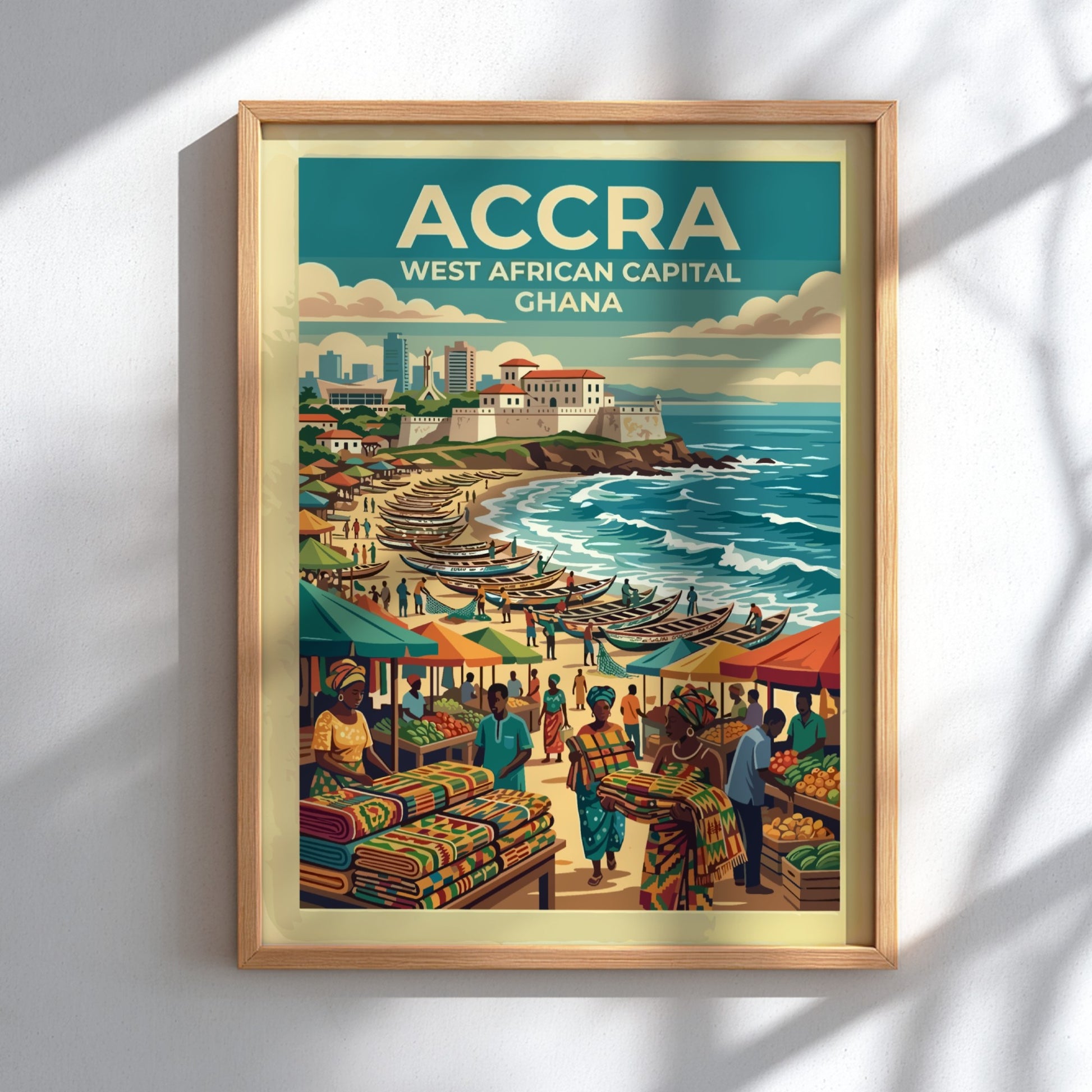 Travel poster of Accra Ghana featuring a coastal scene with fishing boats market stalls