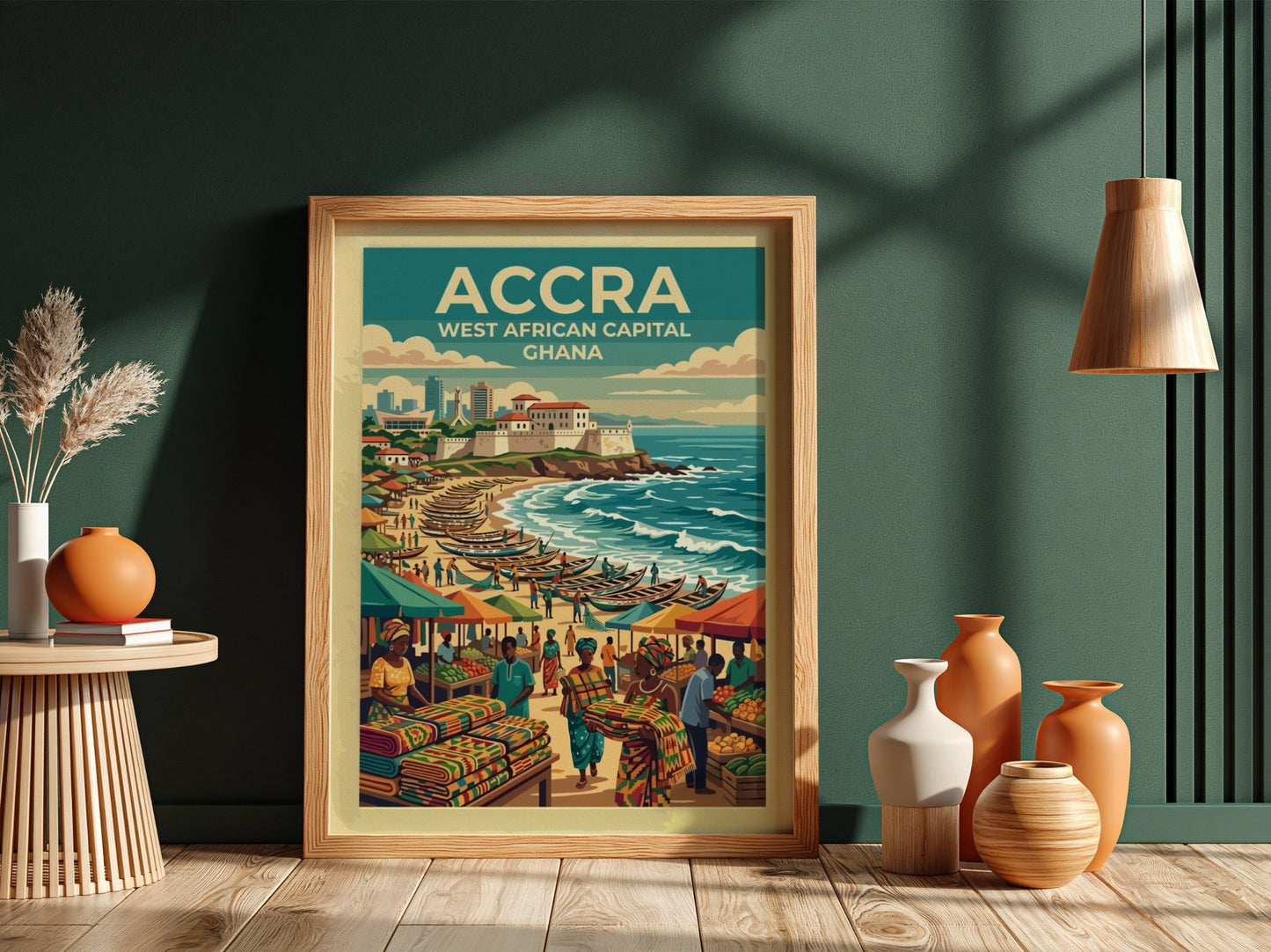 Travel poster of Accra Ghana featuring a coastal scene with fishing boats market stalls