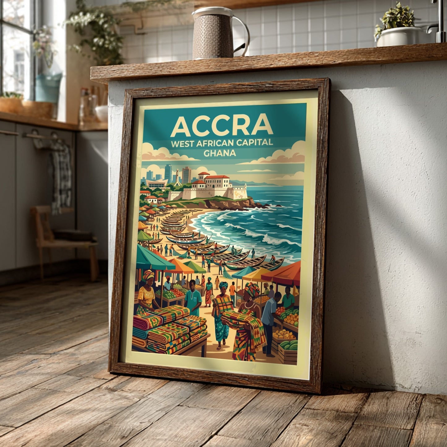 Travel poster of Accra Ghana featuring a coastal scene with fishing boats market stalls