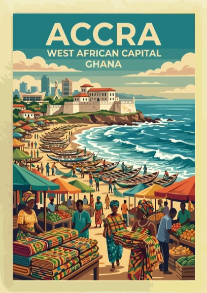 Travel poster of Accra Ghana featuring a coastal scene with fishing boats market stalls