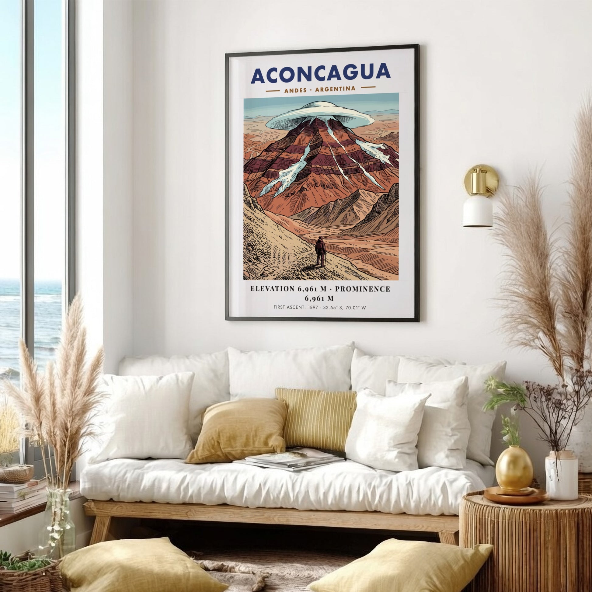 Poster featuring the Aconcagua mountain in the Andes with a lone climber below.