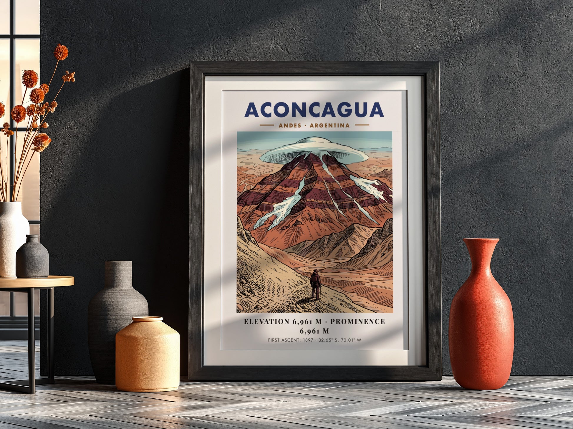 Poster featuring the Aconcagua mountain in the Andes with a lone climber below.