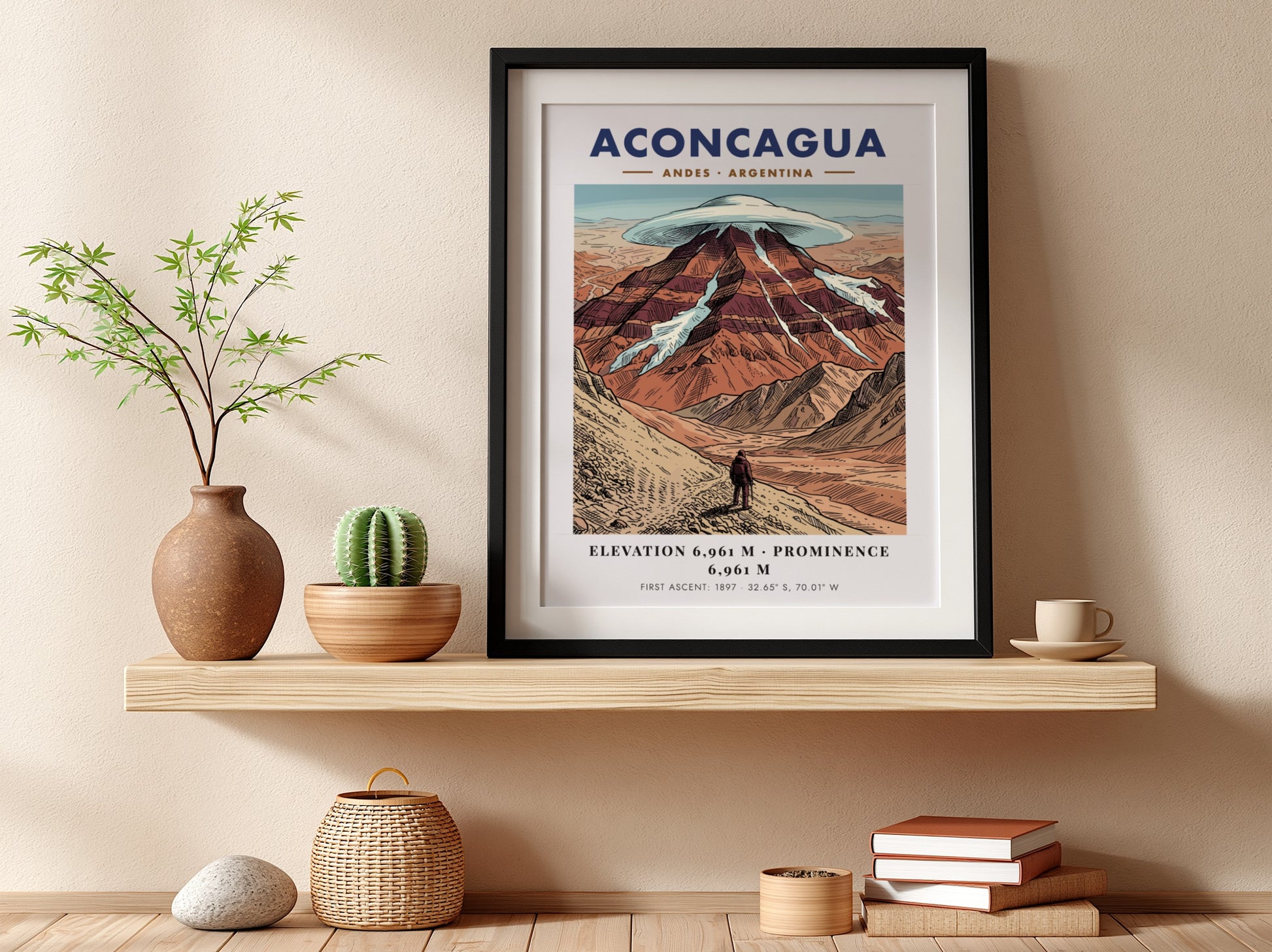 Poster featuring the Aconcagua mountain in the Andes with a lone climber below.