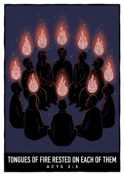 Poster featuring people with radiant tongues of fire above them in dark blue