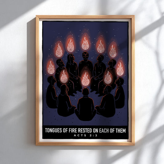 Poster featuring people with radiant tongues of fire above them in dark blue