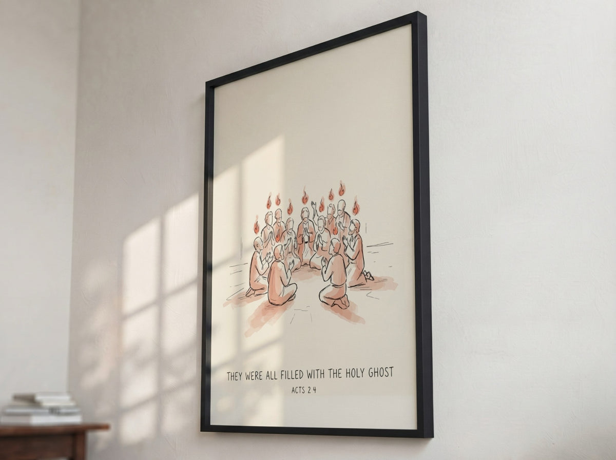 Poster featuring disciples with flames above their heads and the text They Were All Filled