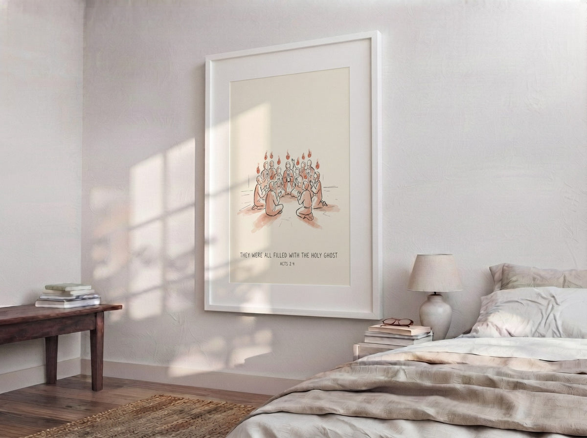 Poster featuring disciples with flames above their heads and the text They Were All Filled