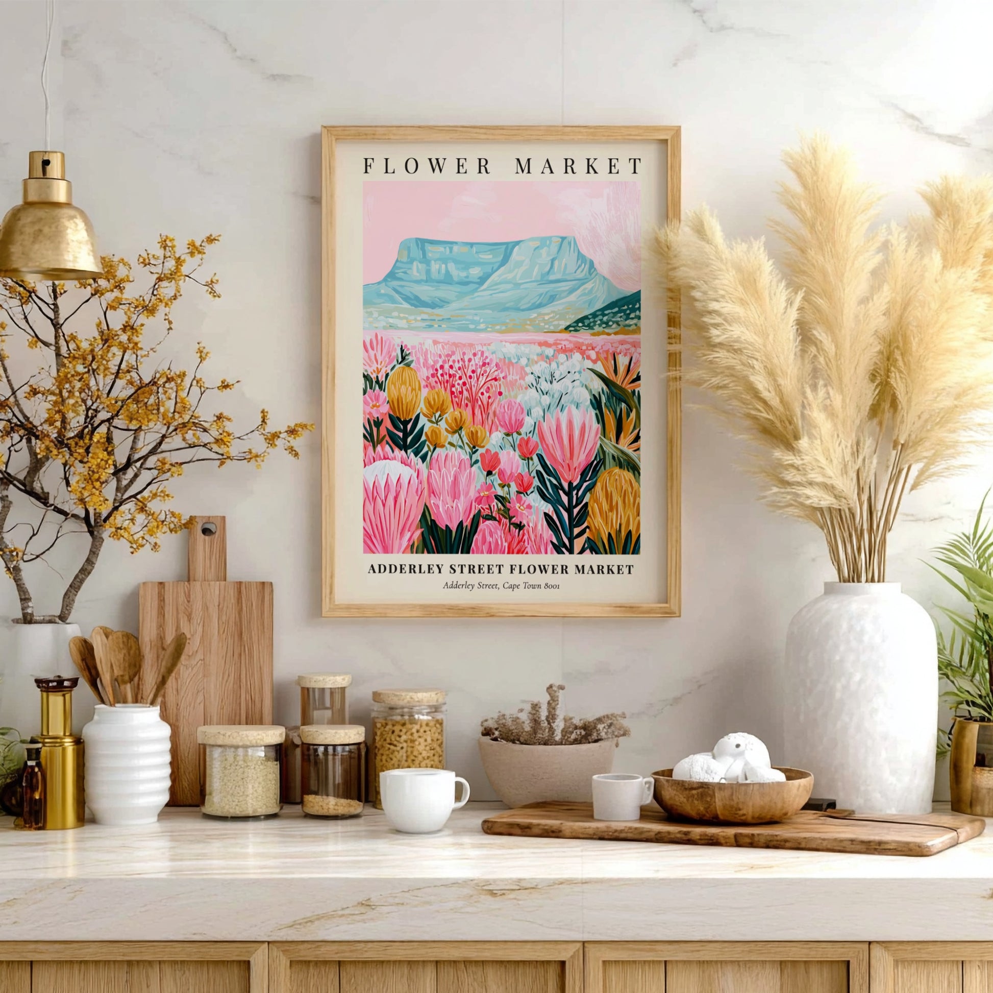 Floral print featuring vibrant pink flowers and a mountain backdrop, perfect for home decor and wall art.