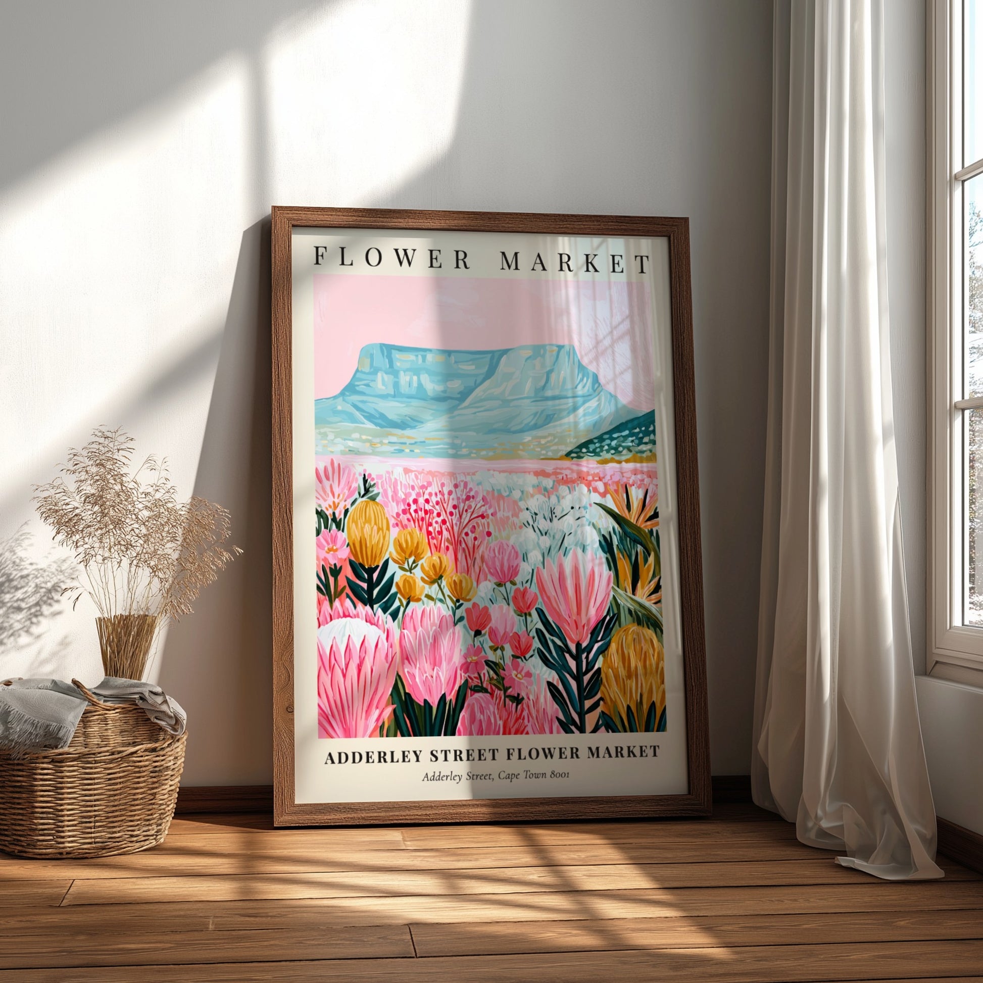 Floral print featuring vibrant pink flowers and a mountain backdrop, perfect for home decor and wall art.