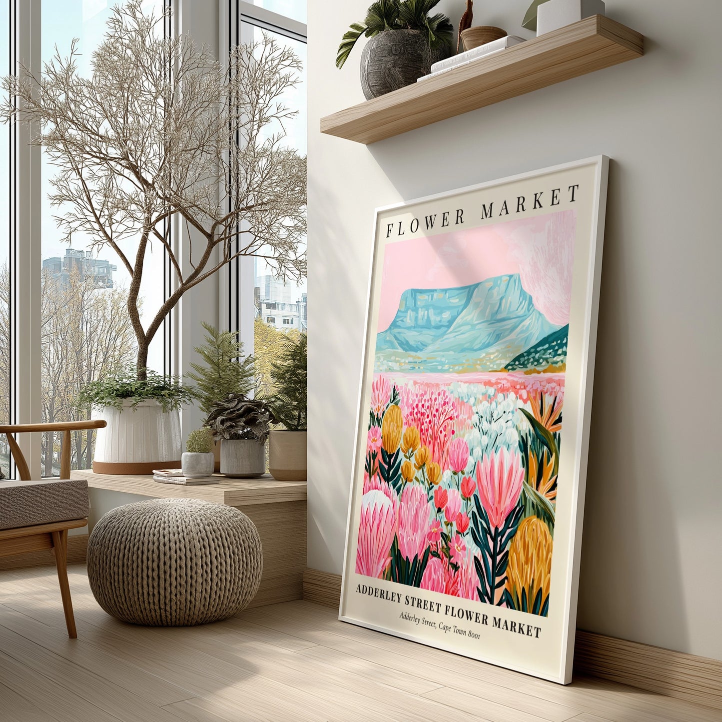 Floral print featuring vibrant pink flowers and a mountain backdrop, perfect for home decor and wall art.