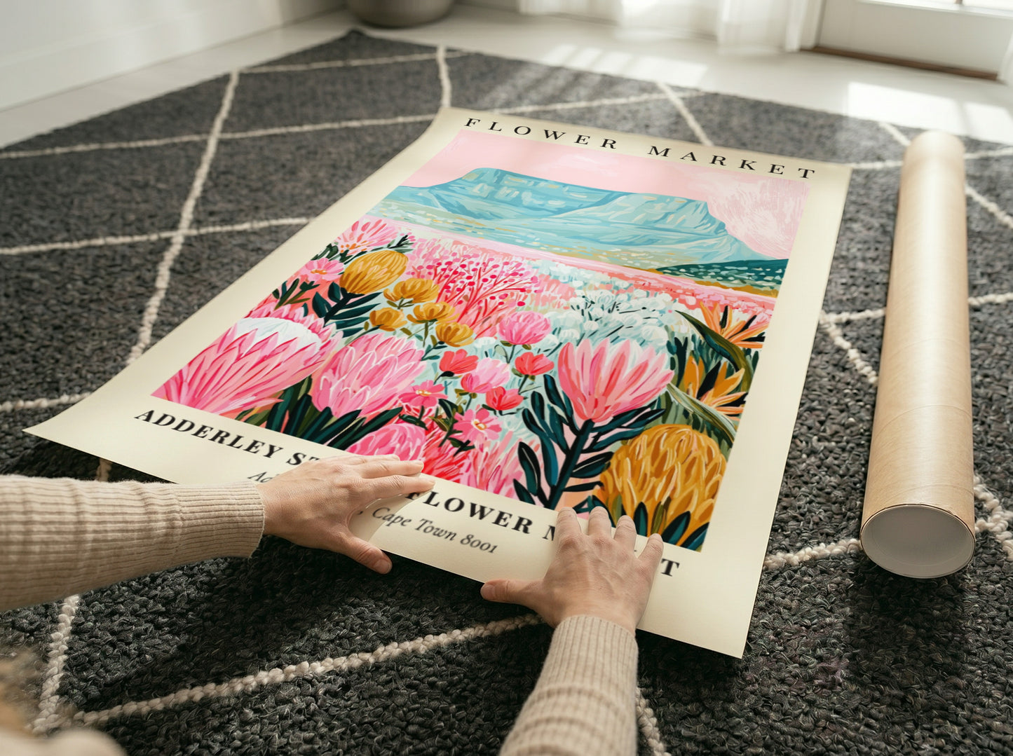 Floral print featuring vibrant pink flowers and a mountain backdrop, perfect for home decor and wall art.