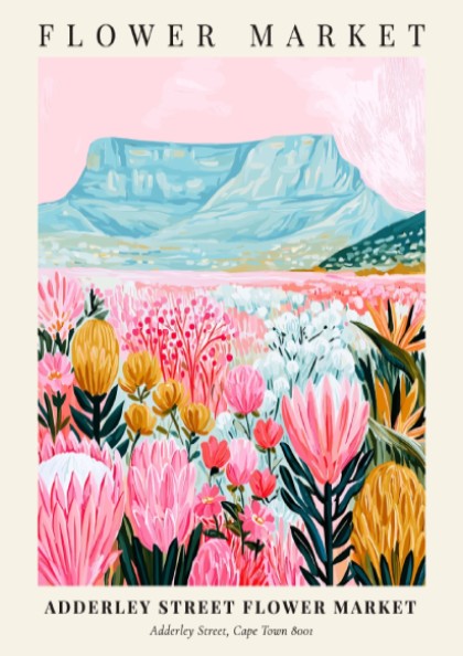 Floral print featuring vibrant pink flowers and a mountain backdrop, perfect for home decor and wall art.