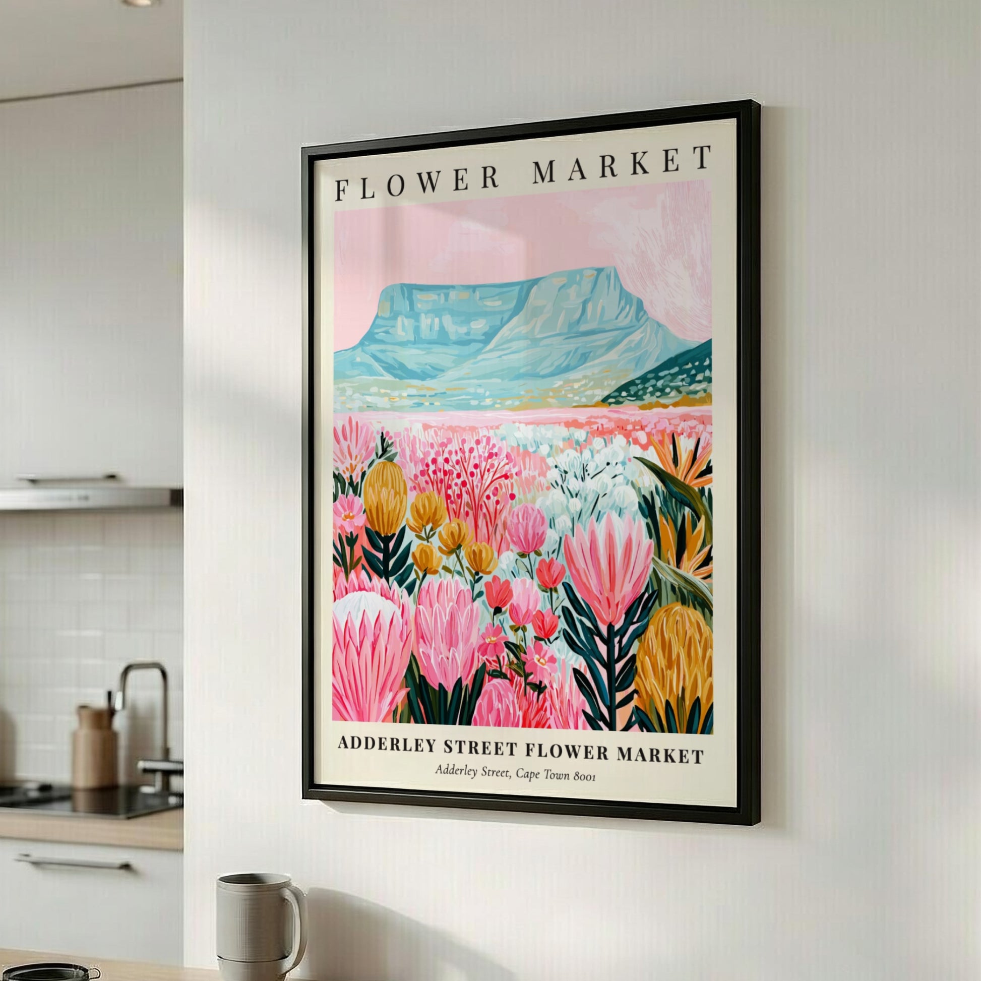Floral print featuring vibrant pink flowers and a mountain backdrop, perfect for home decor and wall art.