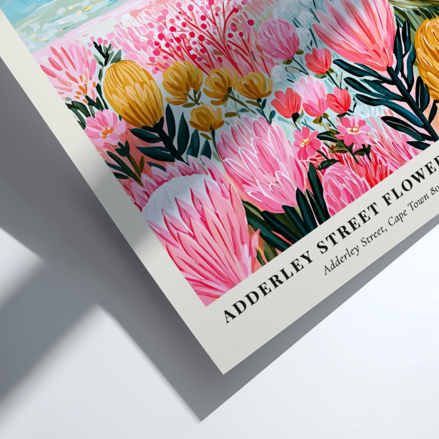 Floral print featuring vibrant pink flowers and a mountain backdrop, perfect for home decor and wall art.