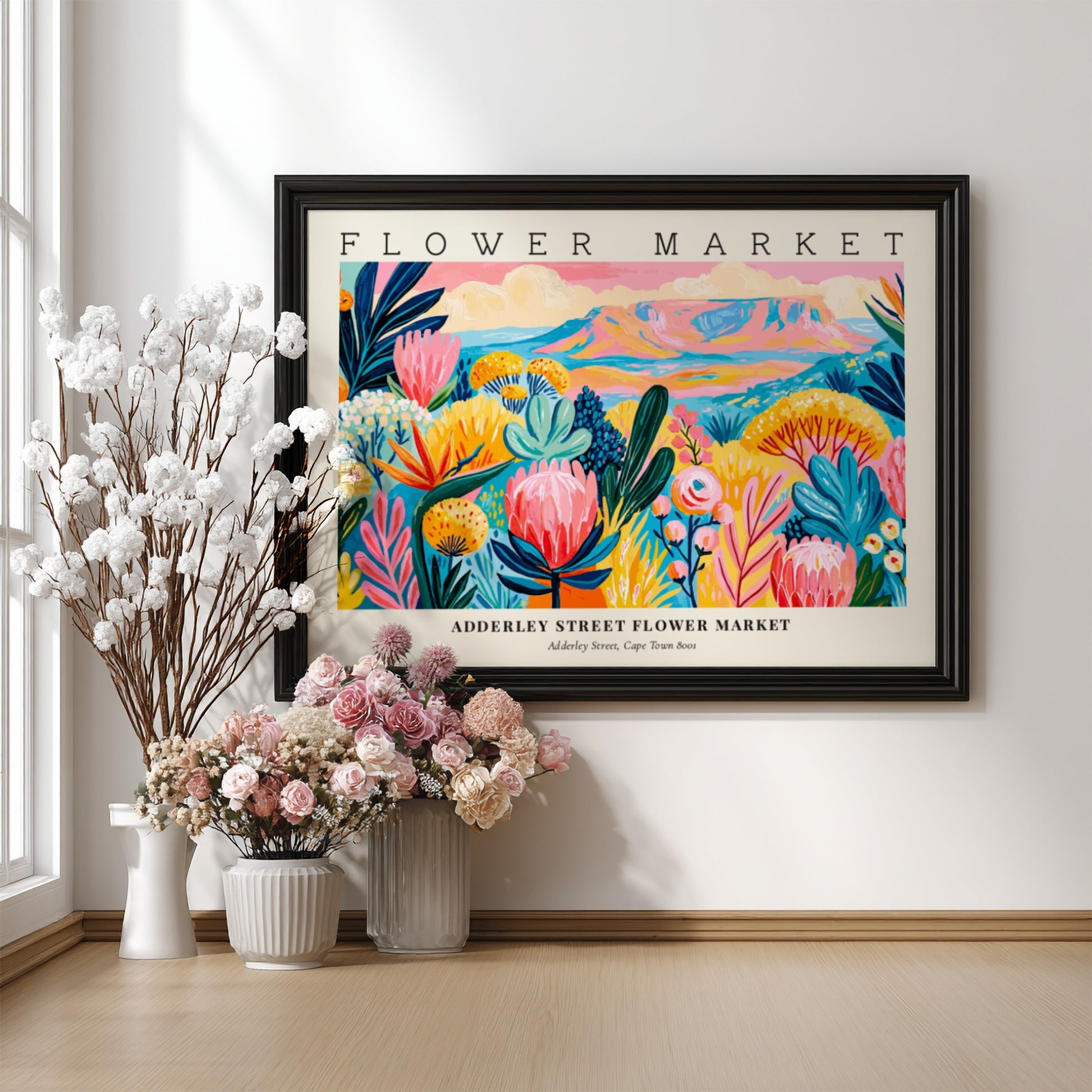 Flower market poster featuring vibrant flowers and a colorful landscape