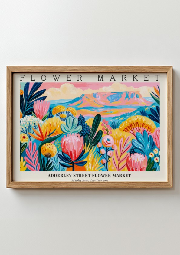 Flower market poster featuring vibrant flowers and a colorful landscape