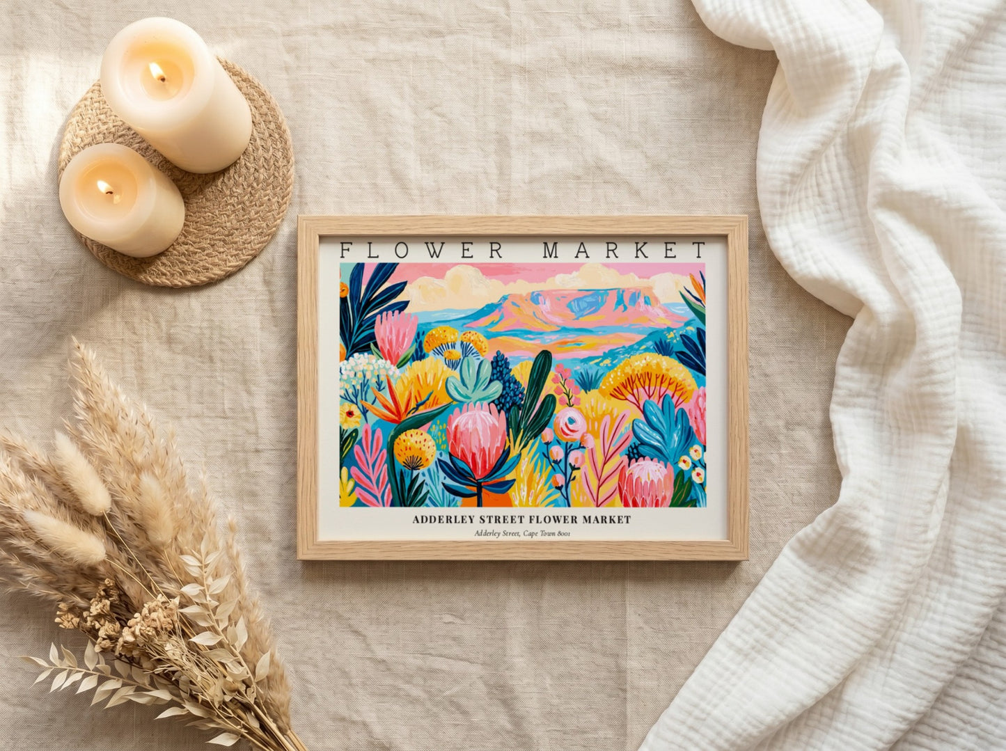 Flower market poster featuring vibrant flowers and a colorful landscape