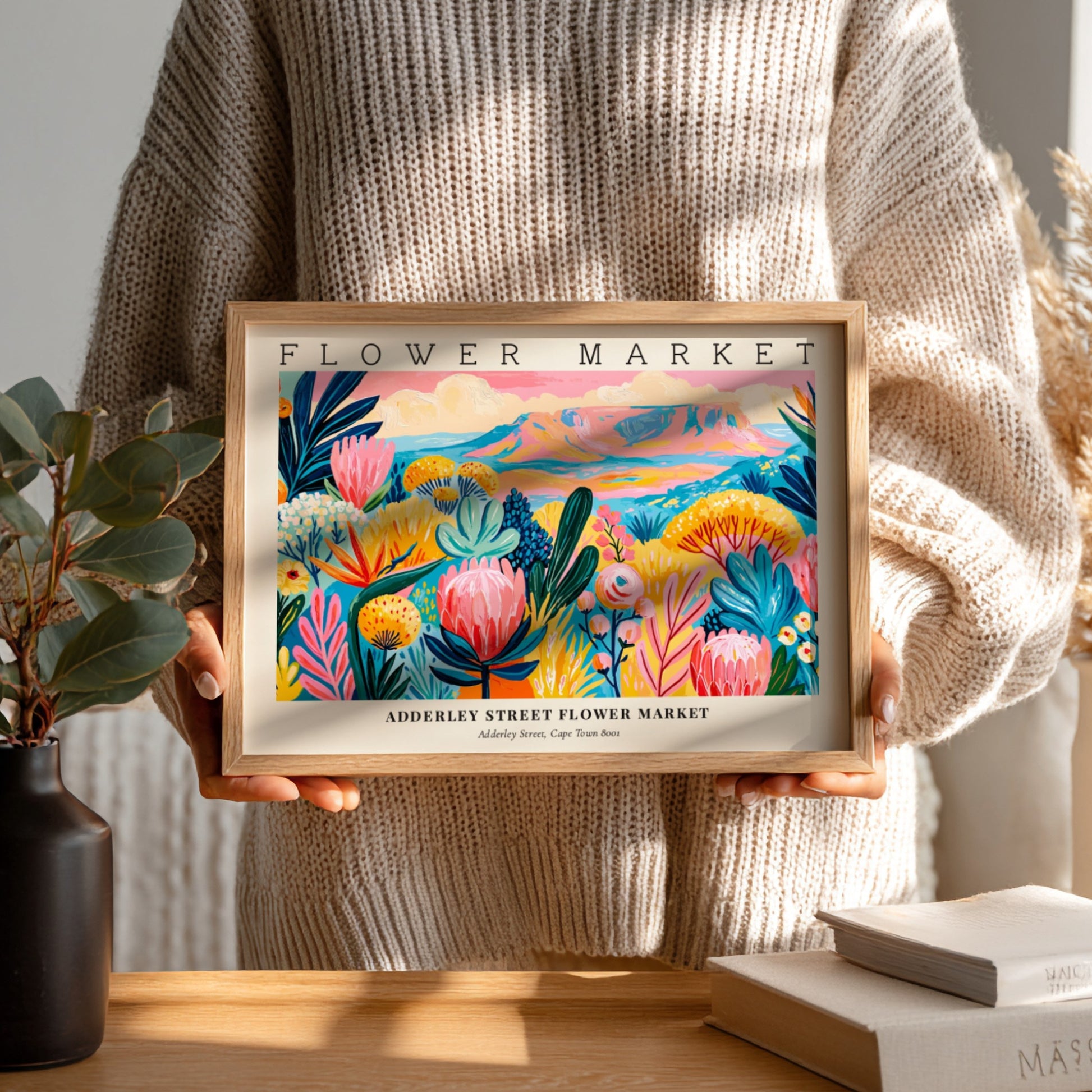 Flower market poster featuring vibrant flowers and a colorful landscape