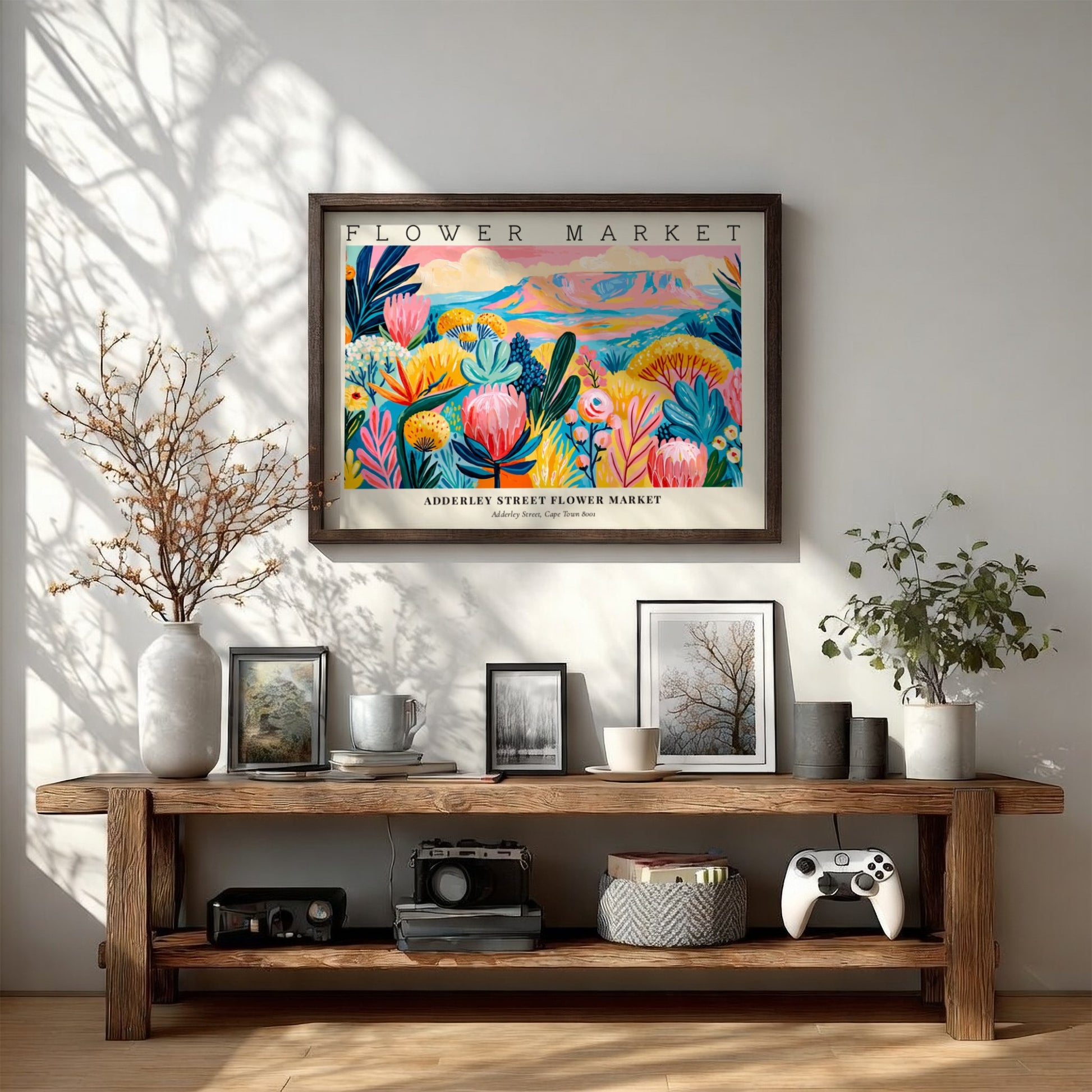 Flower market poster featuring vibrant flowers and a colorful landscape