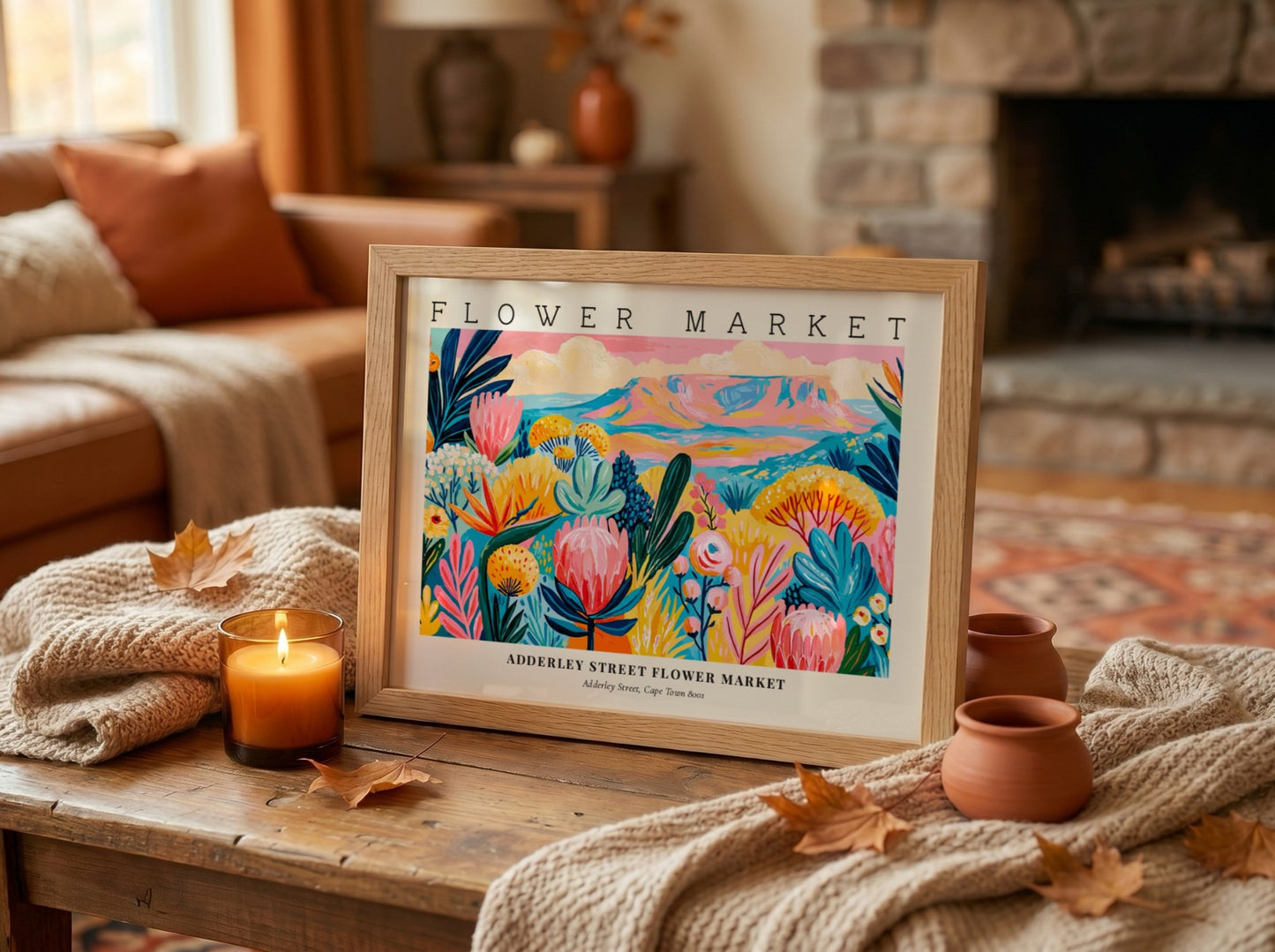 Flower market poster featuring vibrant flowers in pink, green, and yellow hues