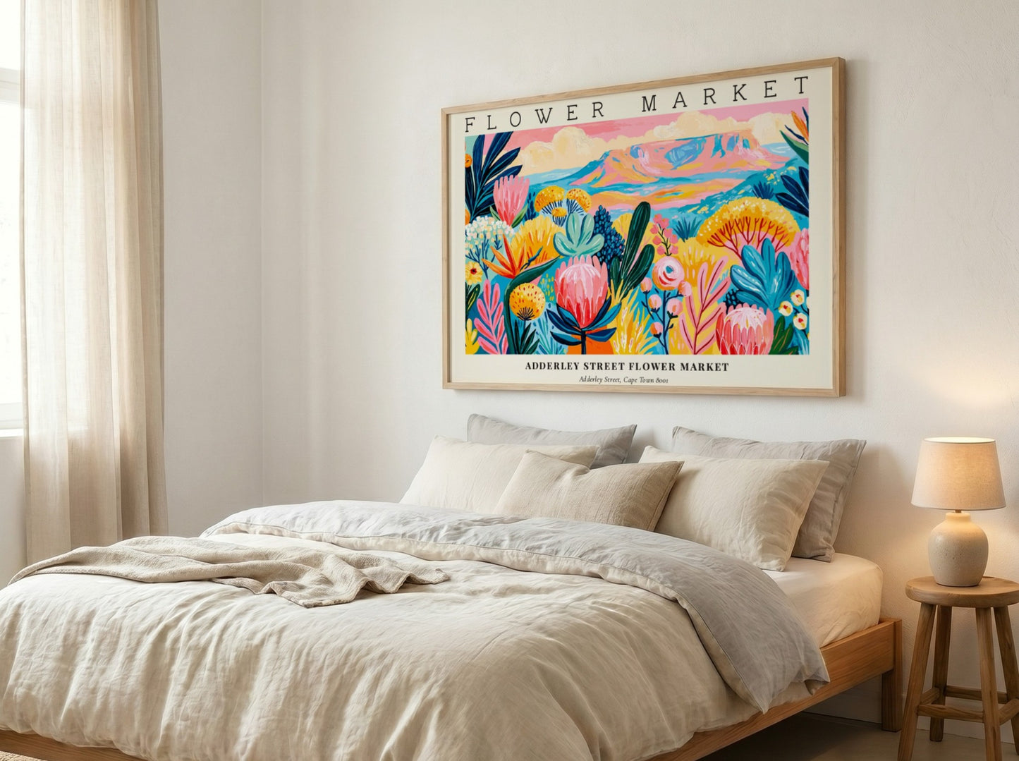 Flower market poster featuring vibrant flowers and a colorful landscape