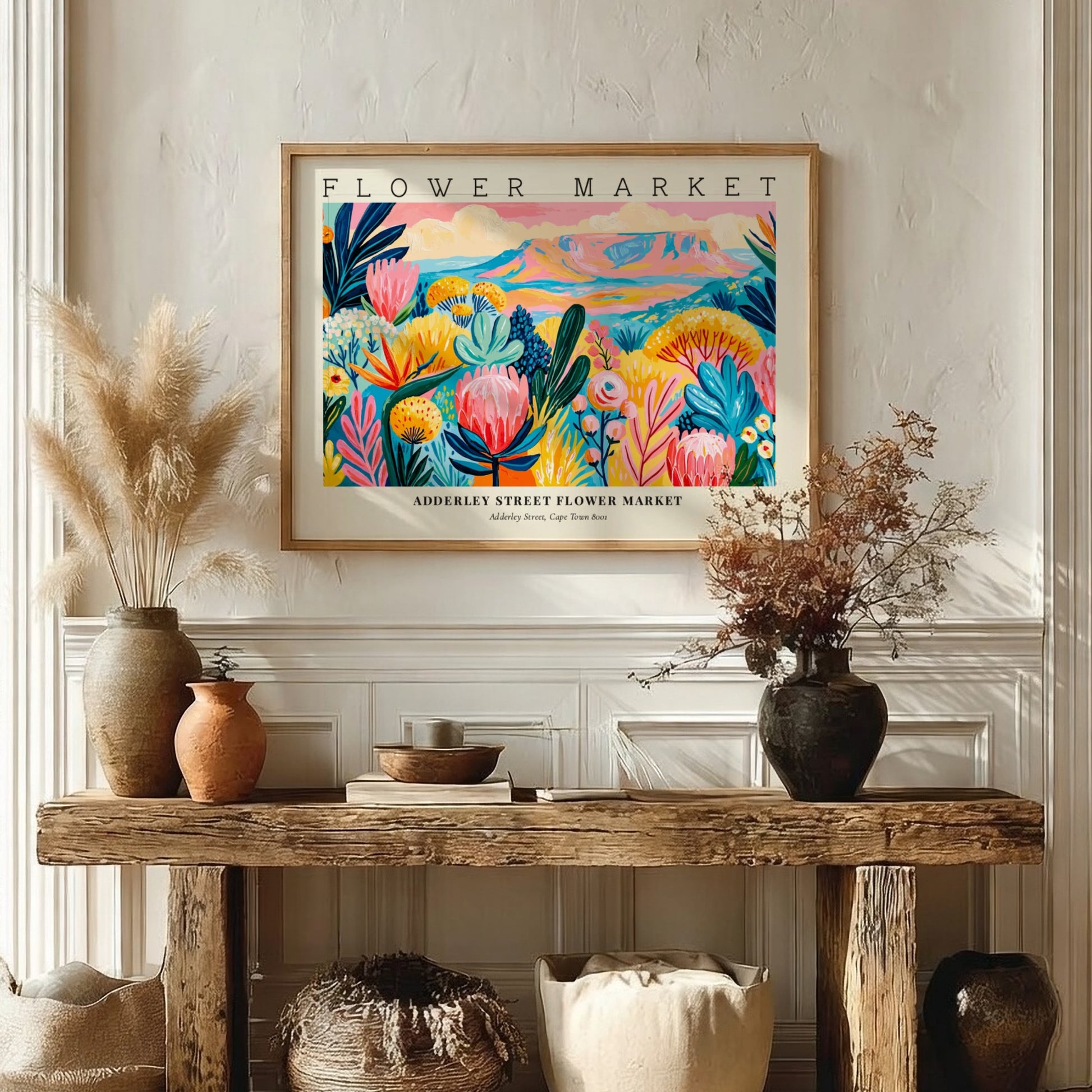 Flower market poster featuring vibrant flowers in pink, green, and yellow hues