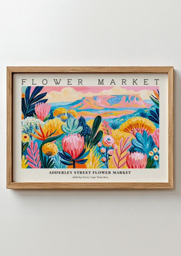 Flower market poster featuring vibrant flowers in pink, green, and yellow hues