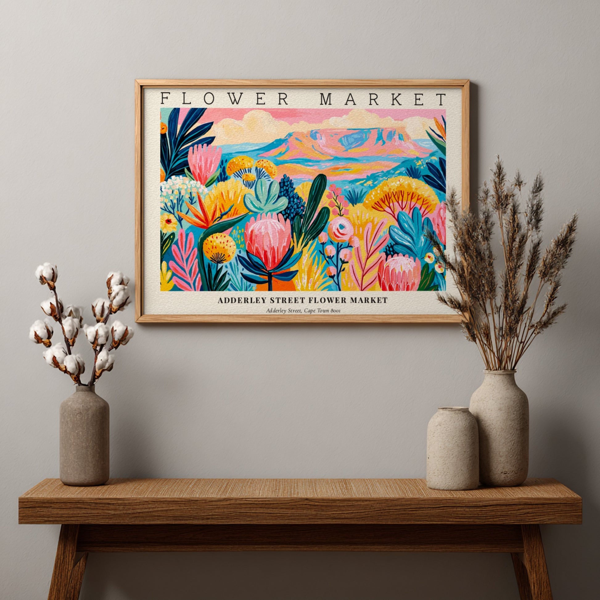 Flower market poster featuring vibrant flowers and a colorful landscape