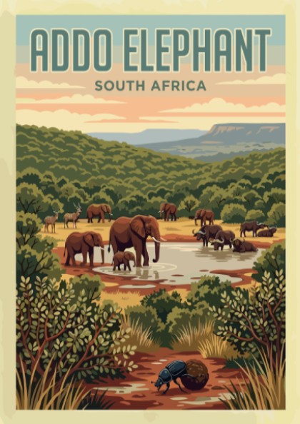 Addo Elephant poster featuring elephants in a green landscape, nature wall art, vintage style
