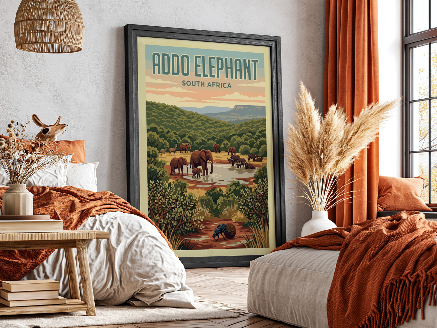 Addo Elephant poster featuring elephants in a green landscape, nature wall art, vintage style