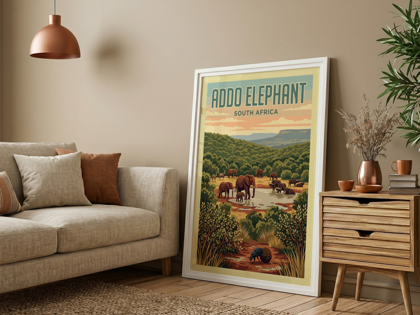 Addo Elephant poster featuring elephants in a green landscape, nature wall art, vintage style