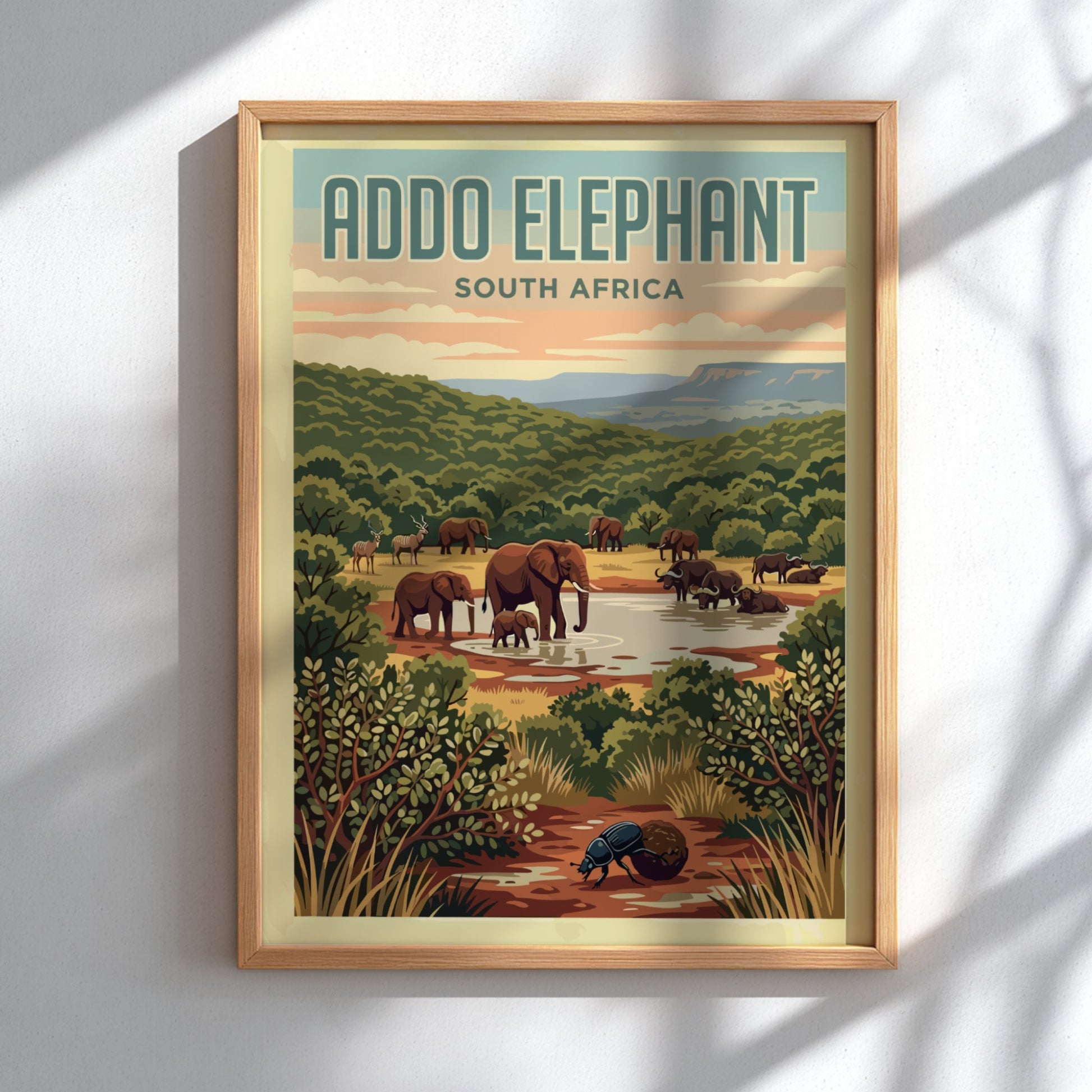 Addo Elephant poster featuring elephants in a green landscape, nature wall art, vintage style