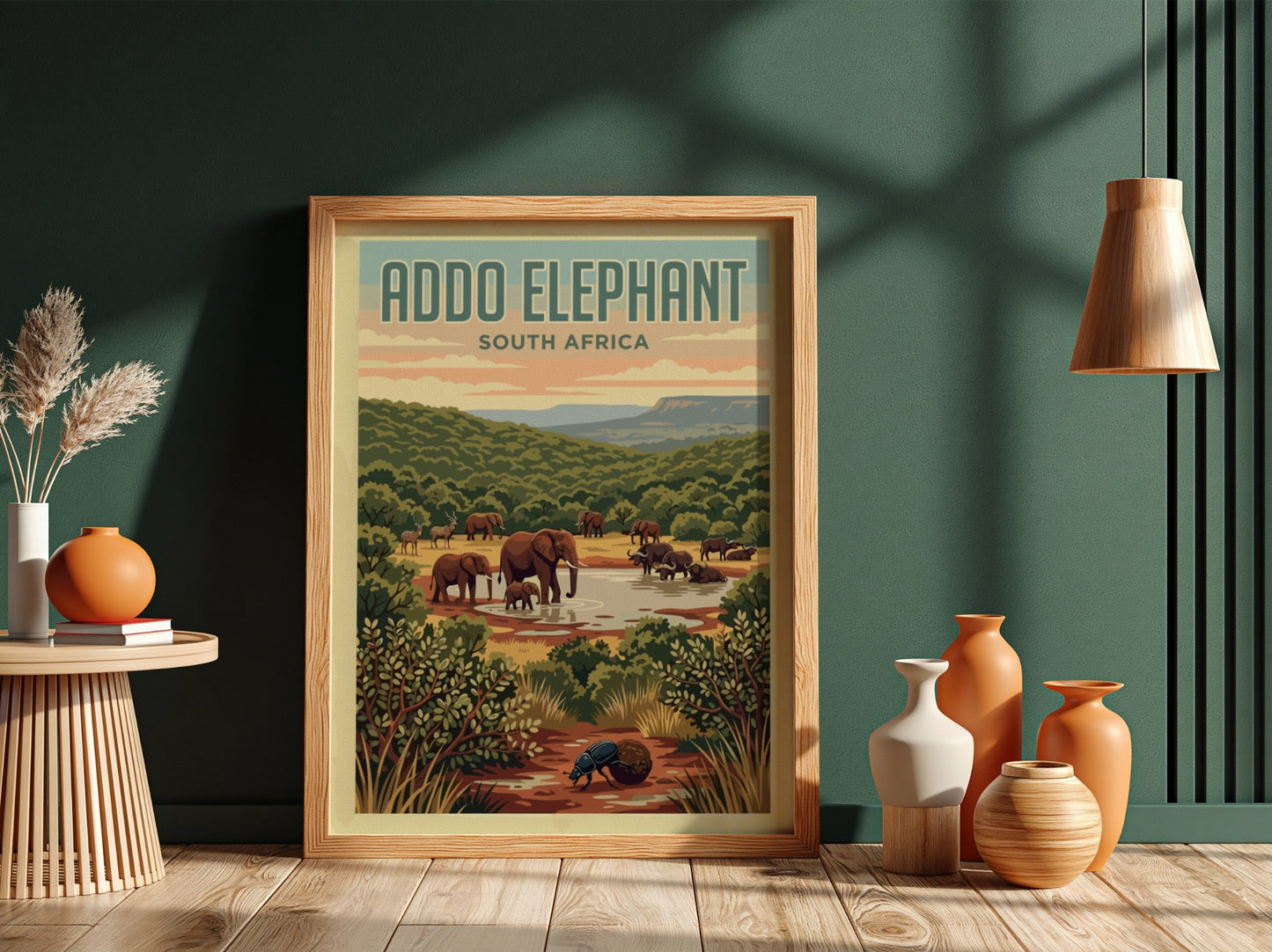 Addo Elephant poster featuring elephants in a green landscape, nature wall art, vintage style