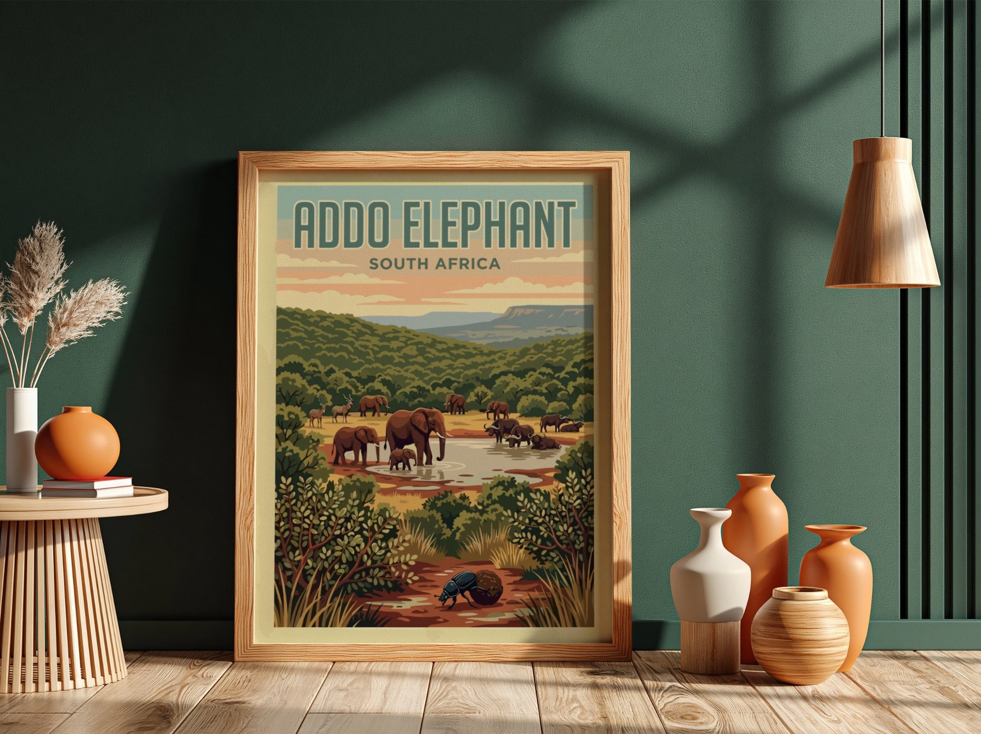 Addo Elephant poster featuring elephants in a green landscape, nature wall art, vintage style