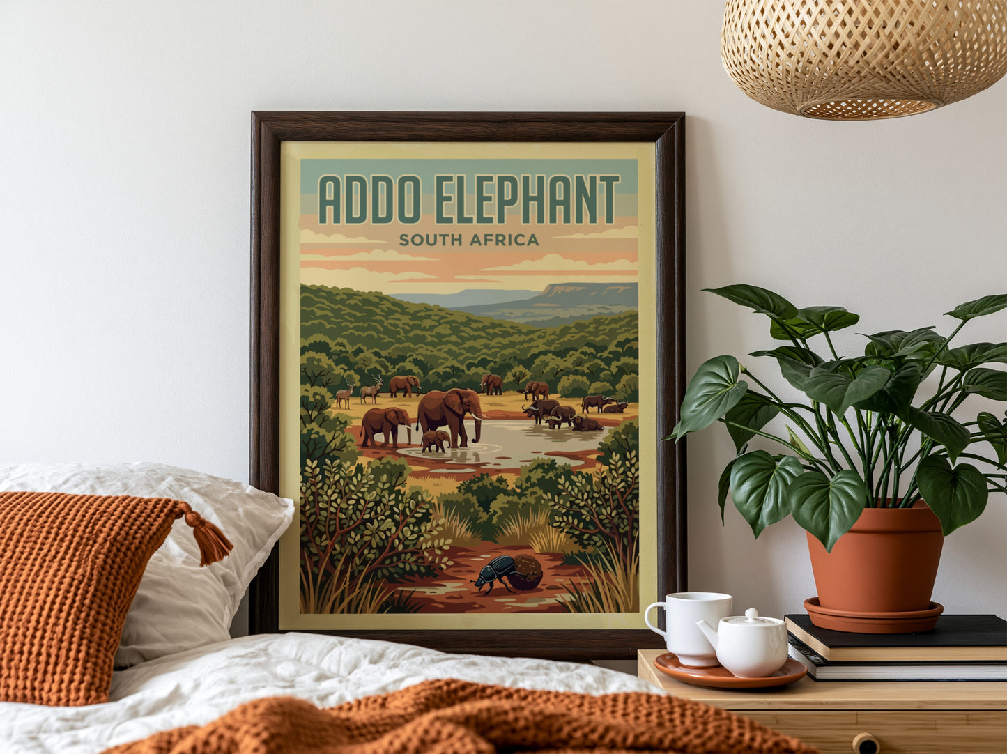 Addo Elephant poster featuring elephants in a green landscape, nature wall art, vintage style