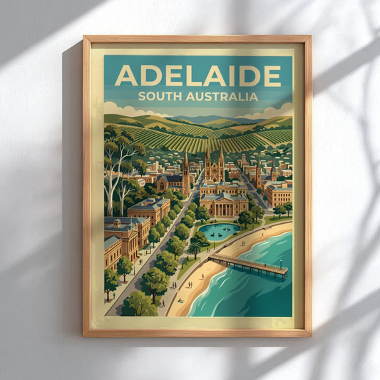 Adelaide South Australia travel poster featuring a coastal cityscape with cathedrals, hills, and pier.