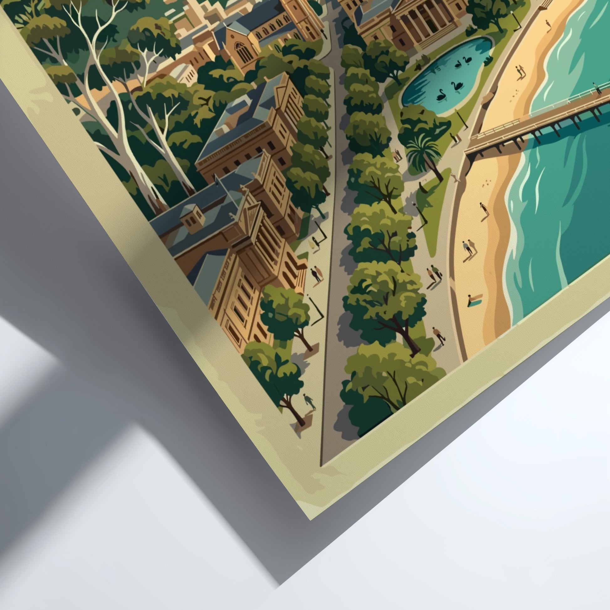 Adelaide South Australia travel poster featuring a coastal cityscape with cathedrals, hills, and pier.