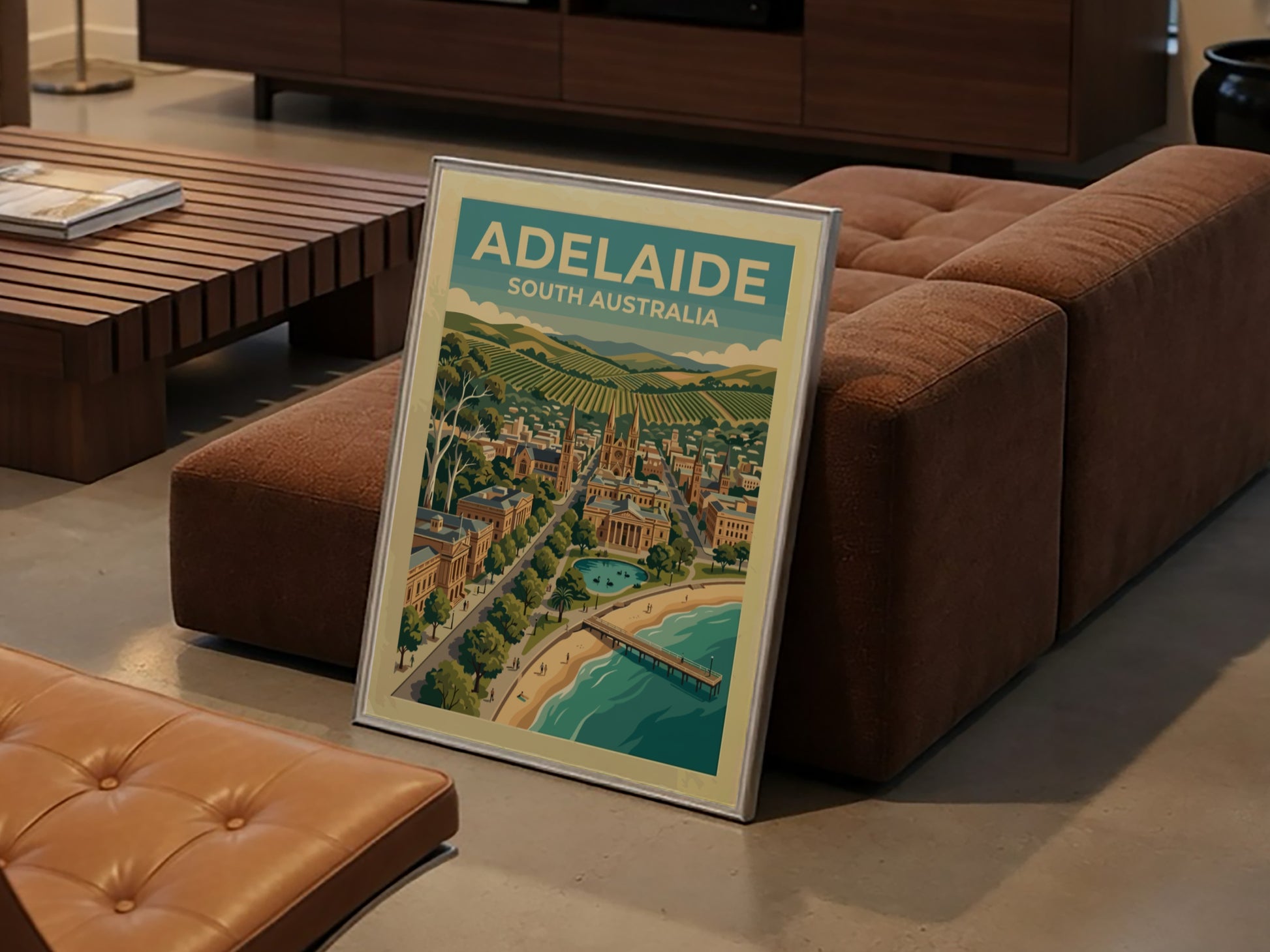 Adelaide South Australia travel poster featuring a coastal cityscape with cathedrals, hills, and pier.