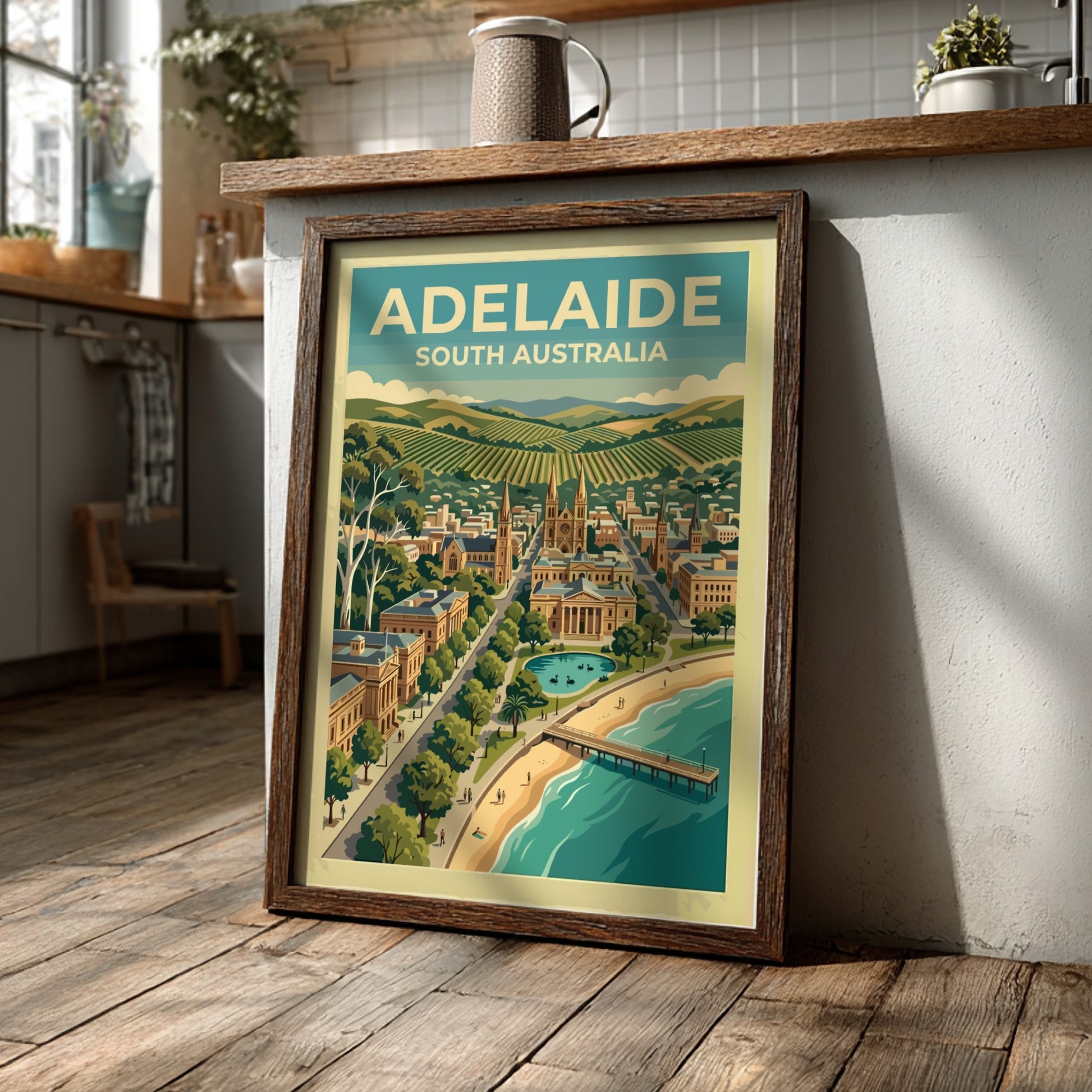 Adelaide South Australia travel poster featuring a coastal cityscape with cathedrals, hills, and pier.