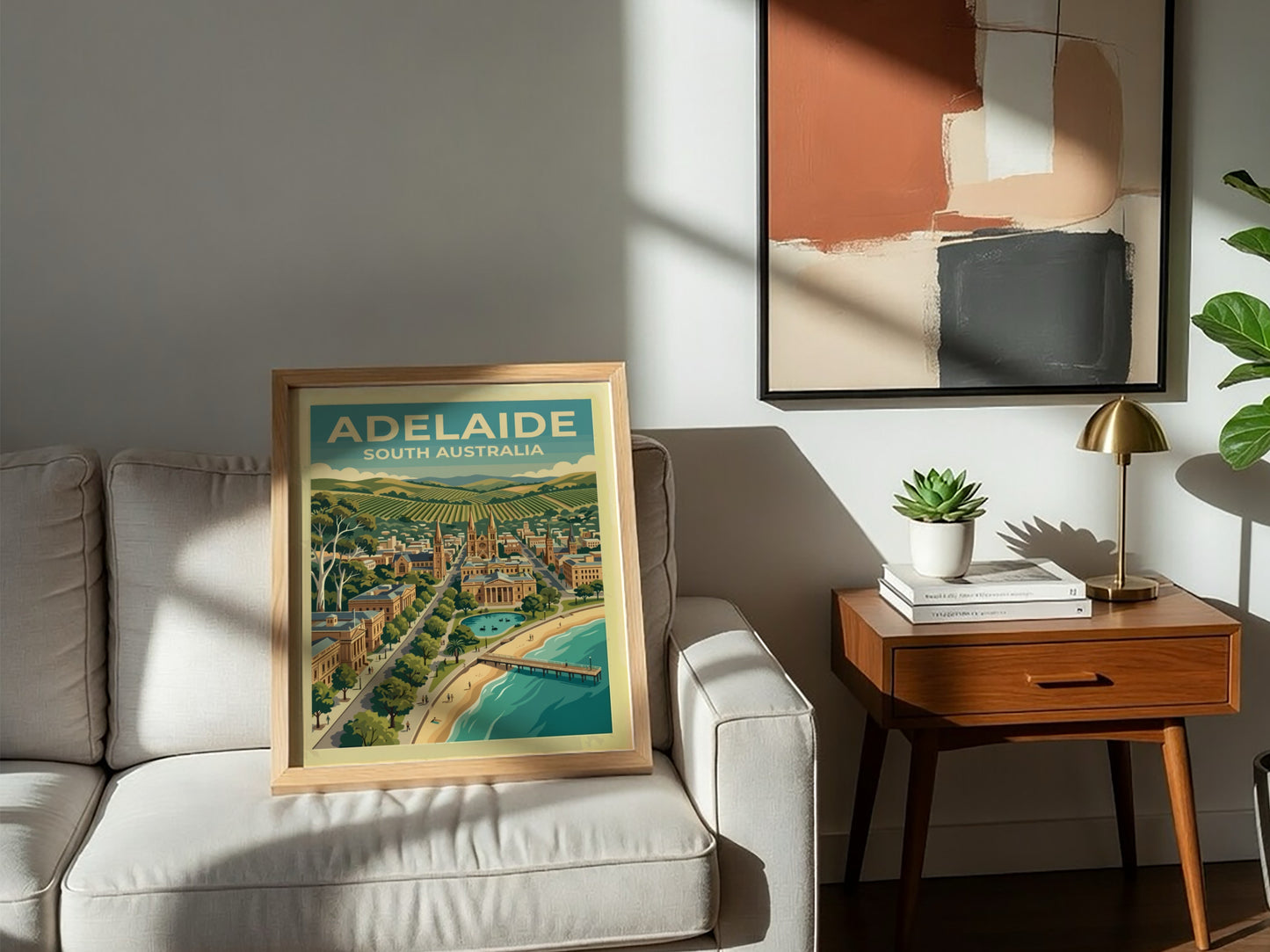Adelaide South Australia travel poster featuring a coastal cityscape with cathedrals, hills, and pier.