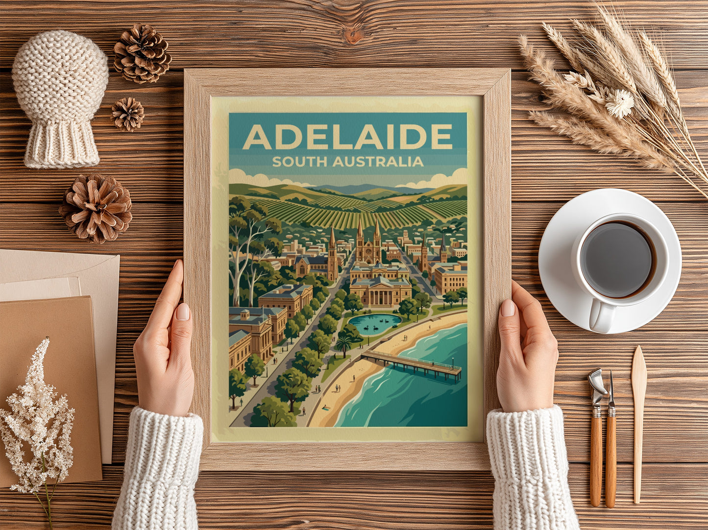 Adelaide South Australia travel poster featuring a coastal cityscape with cathedrals, hills, and pier.