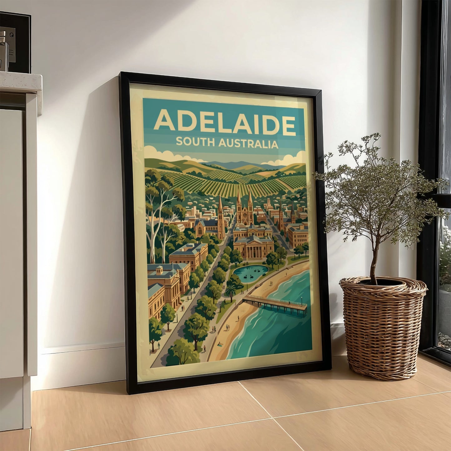 Adelaide South Australia travel poster featuring a coastal cityscape with cathedrals, hills, and pier.