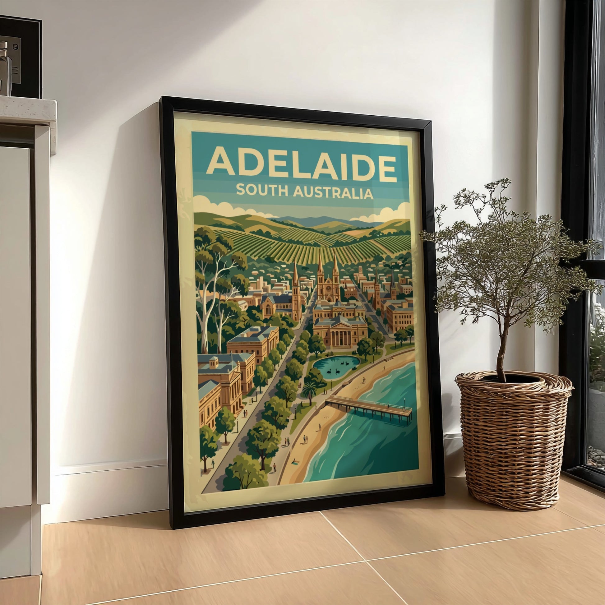 Adelaide South Australia travel poster featuring a coastal cityscape with cathedrals, hills, and pier.