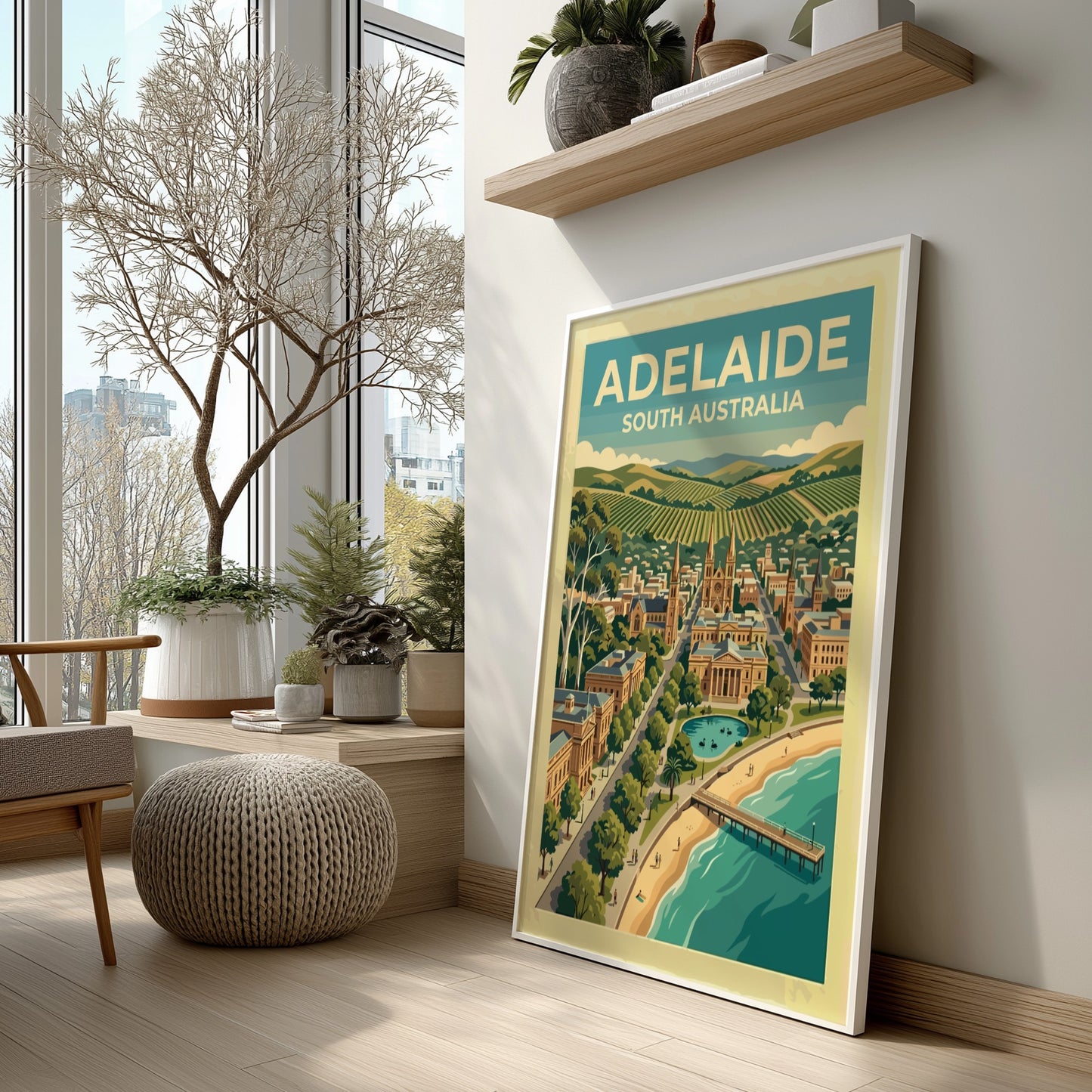 Adelaide South Australia travel poster featuring a coastal cityscape with cathedrals, hills, and pier.